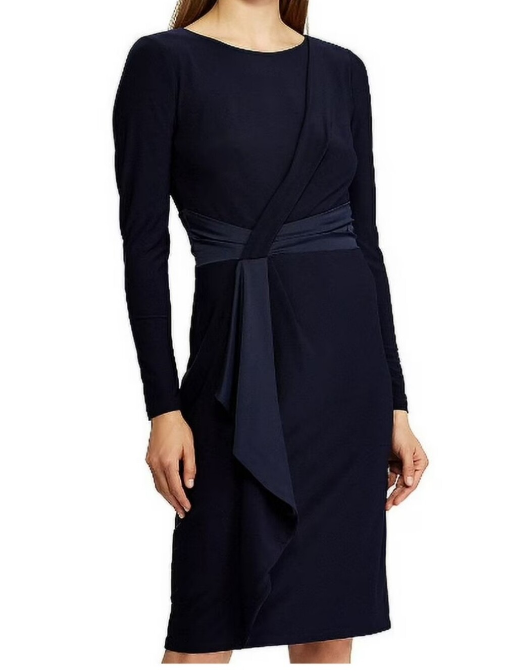 Lauren Ralph Lauren Black Satin Trim Long-Sleeve Wrap-Detail Dress Sz 12